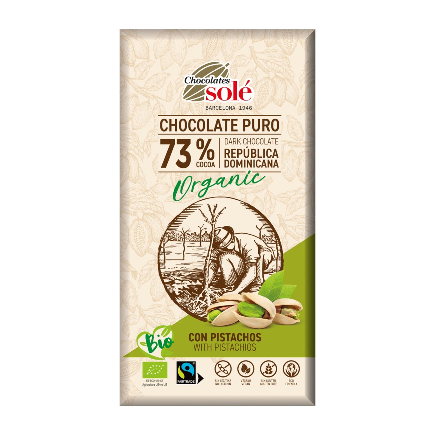 Ciocolată neagră bio cu fistic 73% cacao, 135g Chocolates Sole
