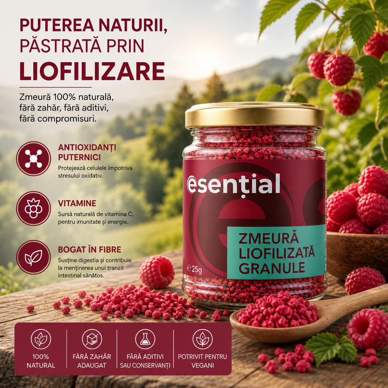 Zmeură liofilizată granule, 25g Esential