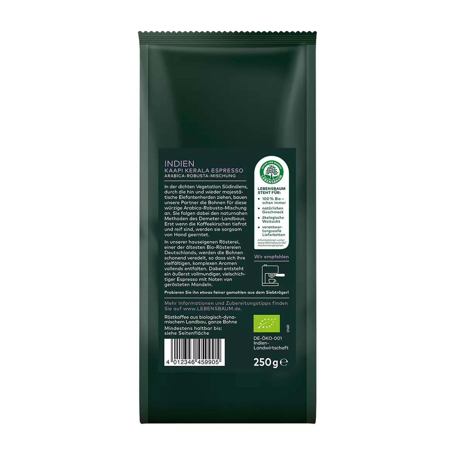 Cafea boabe bio Espresso Kaapi Kerala, 250g Lebensbaum
