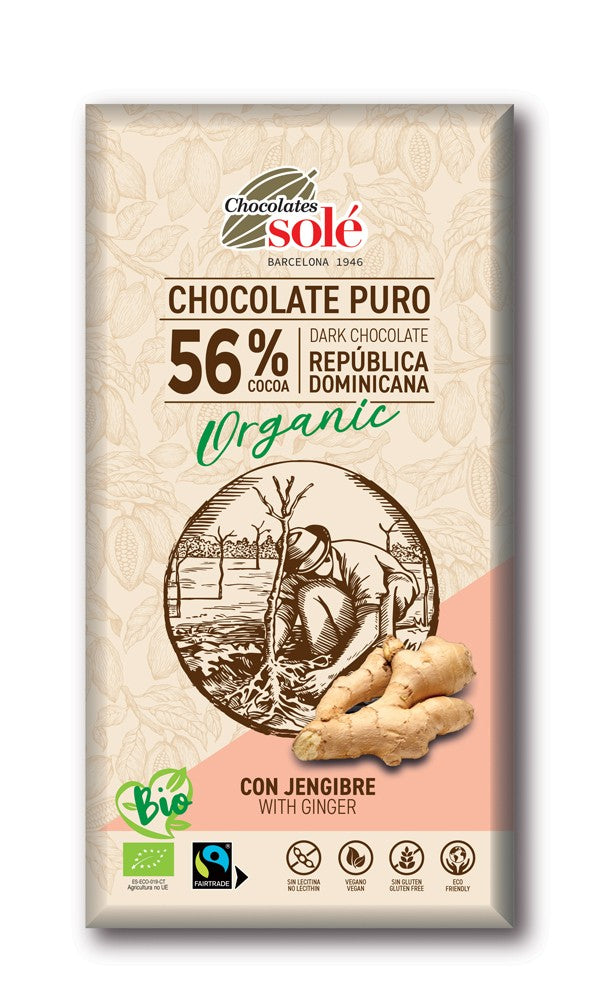 Ciocolata neagra bio cu ghimbir, 56% cacao, 100g Chocolates Sole