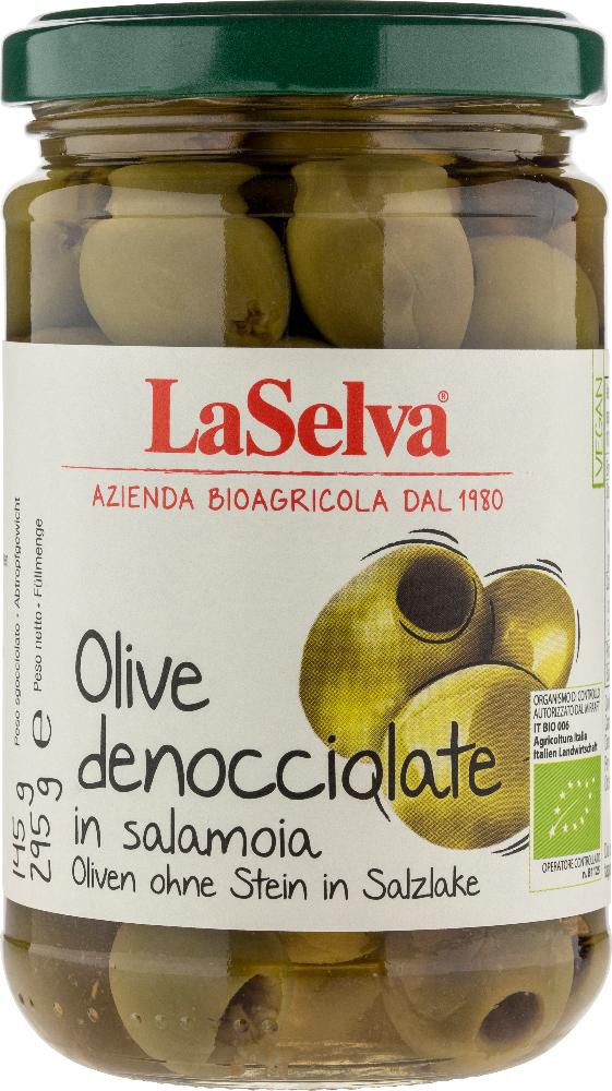 Masline verzi bio fara samburi în saramura, 295g LaSelva