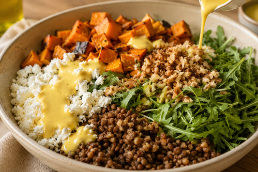 Salata calda cu linte si cartof dulce cu dressing tahini