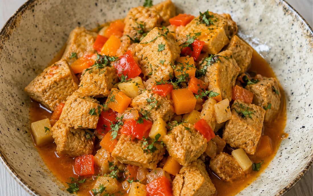 Gulaș vegan rapid cu proteină vegetală texturată