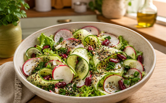 Salata de primavara crunchy cu dressing de mustar si lamaie – reteta simpla, fresh si plina de gust