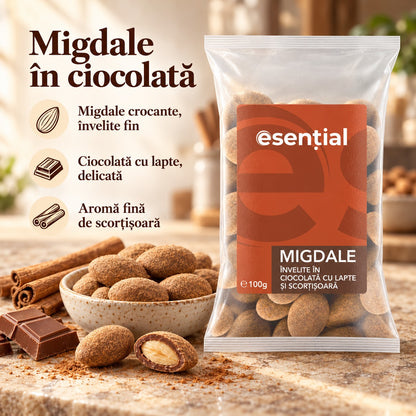 Migdale invelite in ciocolata cu lapte si scortisoara, 100g Esential