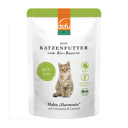 Hrană umedă pentru pisici „Harmonie” cu pui,  semințe de in și ulei de somon, bio, 85g, Defu