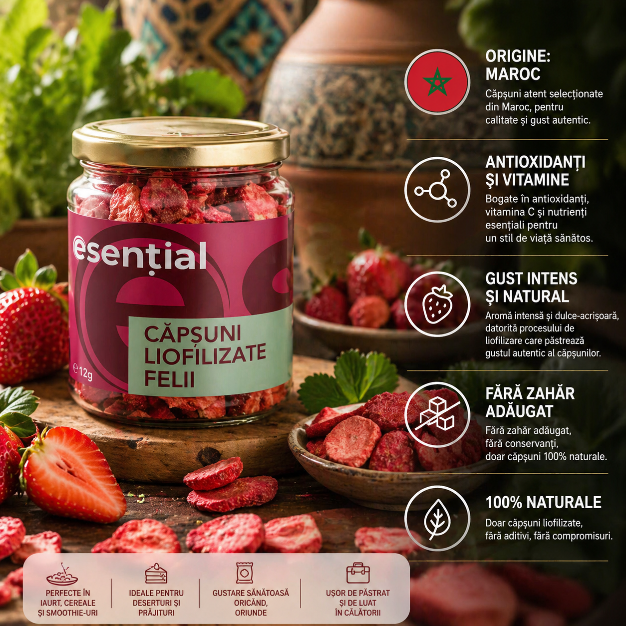 Căpșuni liofilizate felii, 12g Esential