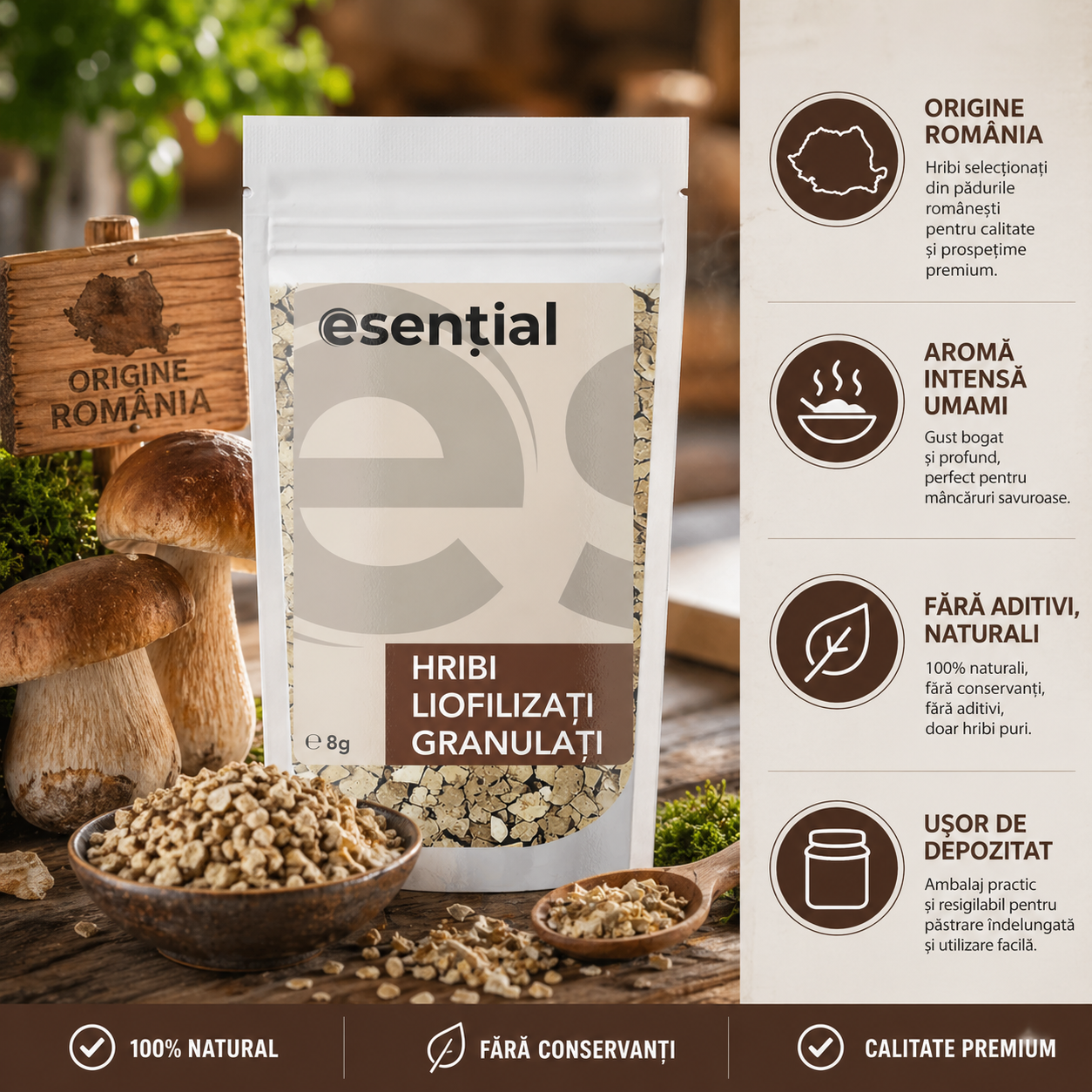 Hribi liofilizați granulați, 8g Esential