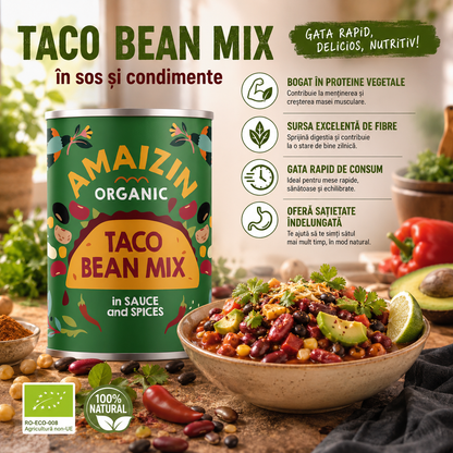 Mix bio de fasole pentru taco, în sos cu condimente, 400g Amaizin