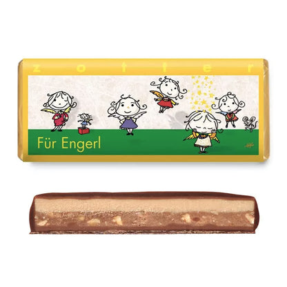 Ciocolata neagra eco cu lapte umpluta cu nuga de migdale si alune de padure, Fur Engerl, 70g Zotter