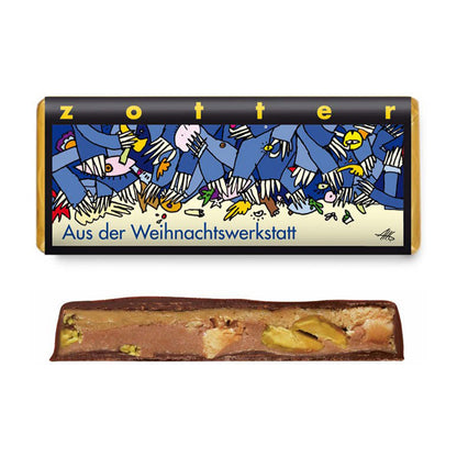 Bio & Fair ciocolata neagra cu lapte 60% cacao umpluta cu nuga alba, fistic si alune de padure, 70g Zotter