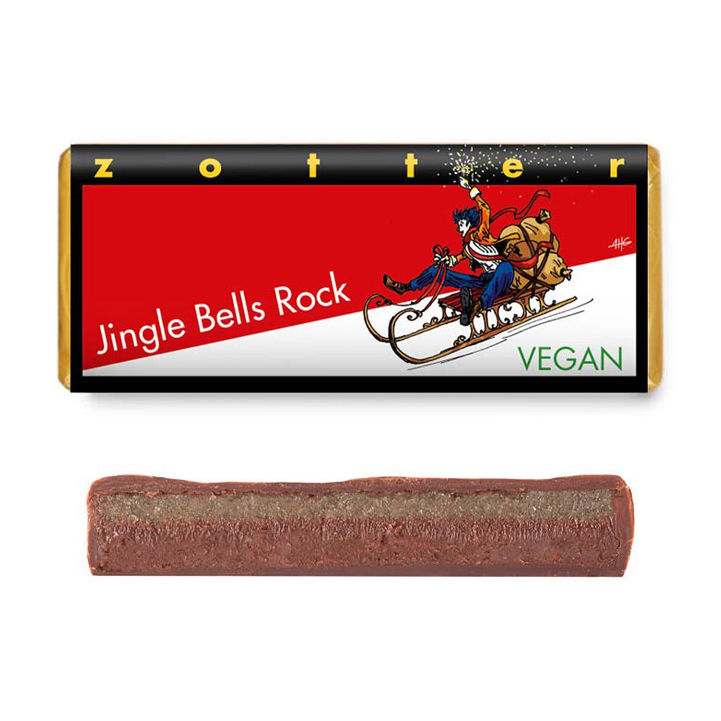 Bio & Fair ciocolata neagra 70% cacao umpluta cu martipan si ganache de vin rosu, Jingle Bells Rock, 70g Zotter