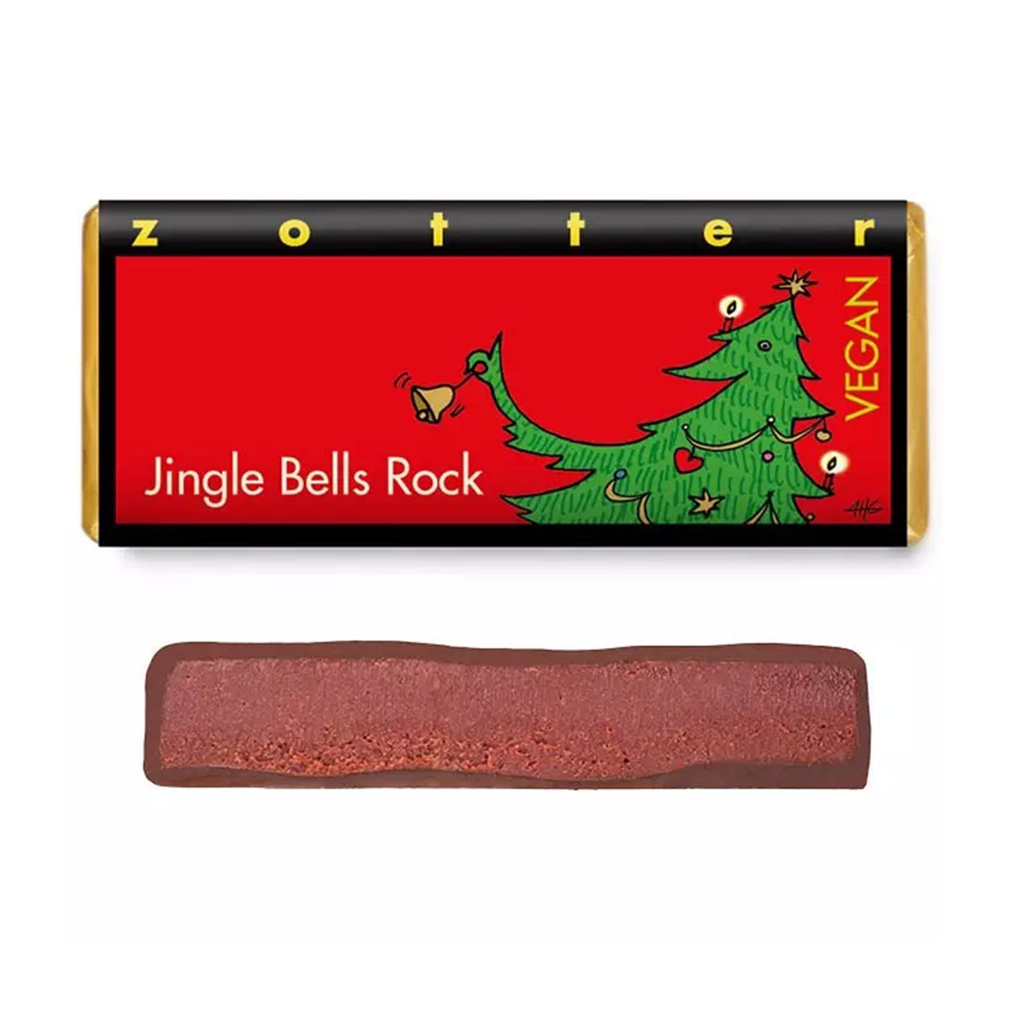 Ciocolata neagra vegana bio umpluta cu ganache de vin rosu Jingle Bells Rock, 70g Zotter