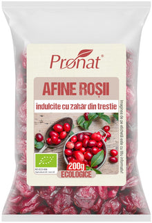 Afine rosii bio indulcite cu zahar din trestie, 200g Pronat