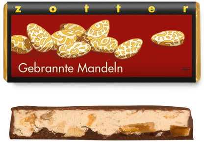 Bio + fair ciocolata neagra cu lapte, cu umplutura de nuga de migdale si migdale caramelizate, 70g Zotter