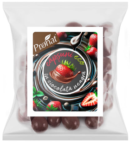 Capsuni bio glazurate in ciocolata neagra, 50g Pronat