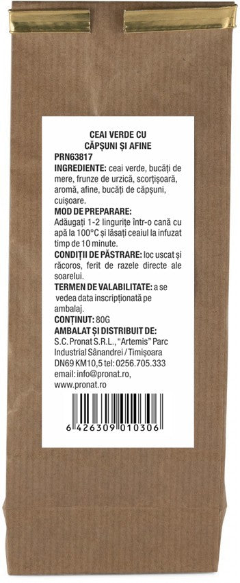 Ceai de fructe ceai verde cu capsuni si afine 80g Pronat