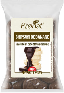 Chipsuri de banane invelite in ciocolata amaruie, 100g Pronat