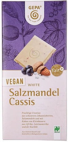 Ciocolata alba bio vegan cu migdale sarate si coacaze, 100g Gepa