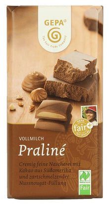 Ciocolata cu lapte bio si fairtrade umpluta cu crema de alune, 100g Gepa