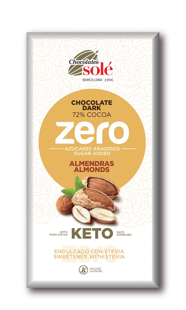 Ciocolata cu migdale indulcita cu stevie, minim 72% cacao, 100g Chocolates Sole
