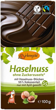 Ciocolata neagra cu alune fara adaos de zahar 55% cacao, 100g Birkengold