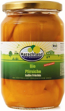 Compot bio de piersici jumatati, 680g / 385g Marschland Naturkost