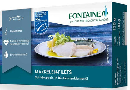 File de macrou in ulei bio de floarea soarelui presat la rece, 125g Fontaine