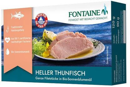 File de ton, bucati intregi in ulei de floarea soarelui bio, 120g Fontaine