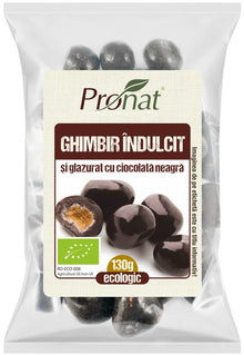 Ghimbir bio indulcit si glazurat cu ciocolata neagra, 130g, Pronat