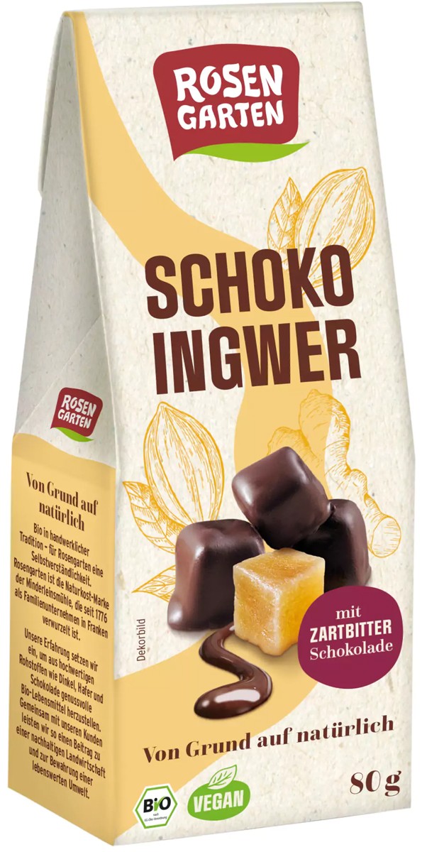 Ghimbir bio glazurat cu ciocolata neagra, 80g Rosen Garten