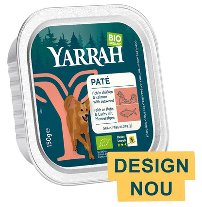 Hrana umeda bio pentru caini, bucati de carne de pui si somon, 150g Yarrah