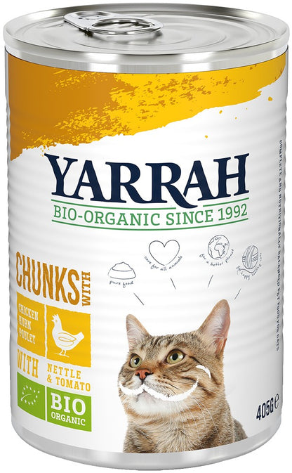 Hrana umeda bio pentru pisici, bucati de pui cu urzica si tomate, 405g Yarrah