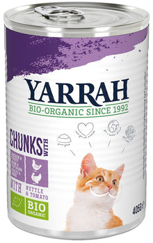 Hrana umeda bio pentru pisici, bucati de pui si curcan cu urzica si tomate, 405g Yarrah