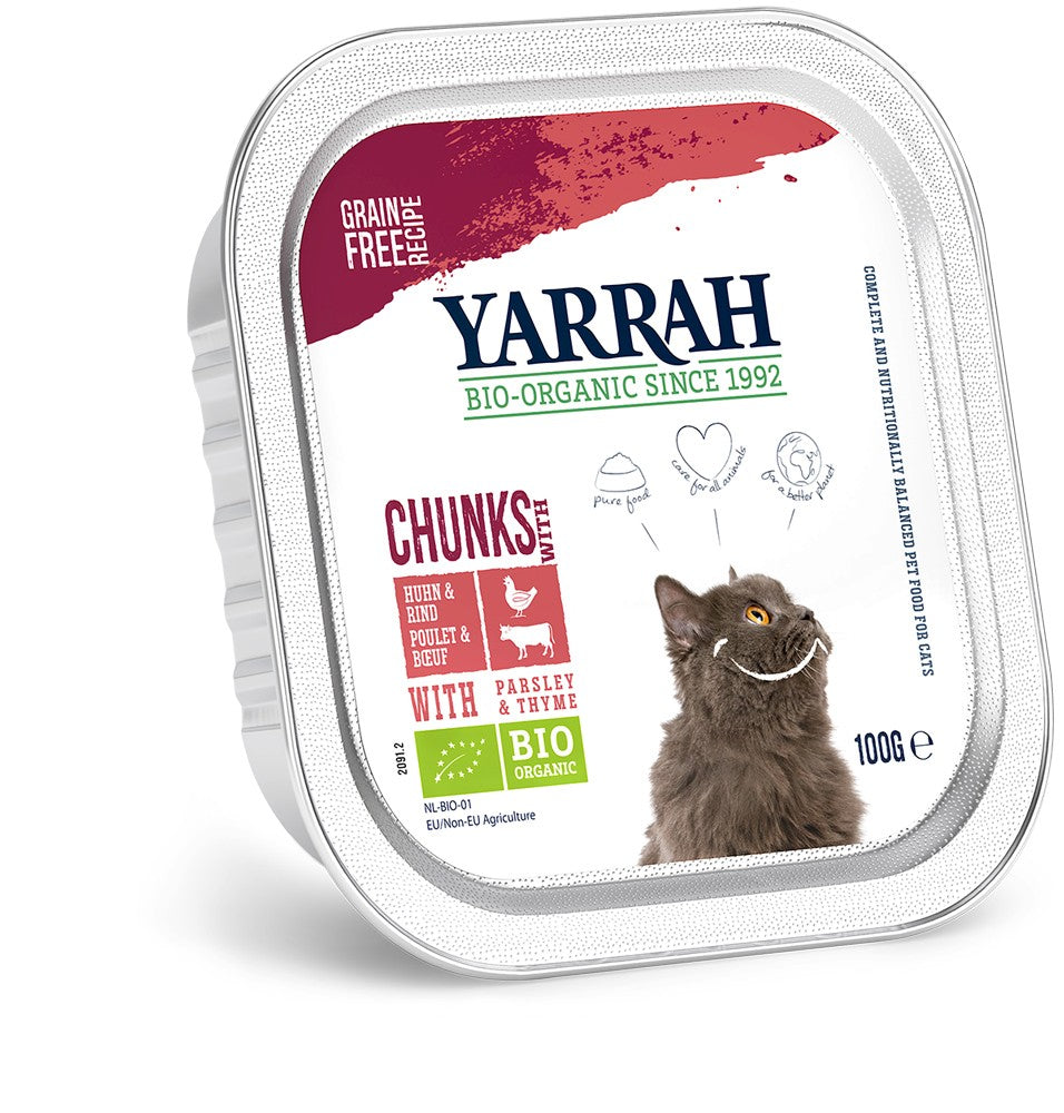 Hrana umeda bio pentru pisici cu carne de pui, vita, patrunjel si cimbru, 100g Yarrah