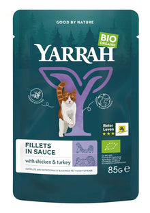 Hrana umeda bio pentru pisici, file cu carne de curcan in sos, 85g Yarrah