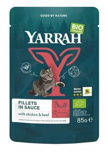 Hrana umeda bio pentru pisici, file cu ficat de vita in sos, 85g Yarrah