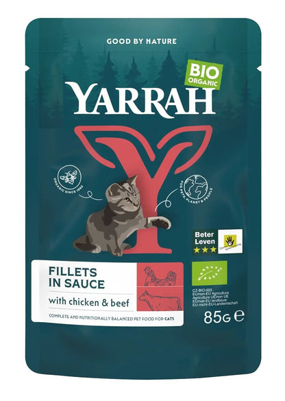 Hrana umeda bio pentru pisici, file cu ficat de vita in sos, 85g Yarrah