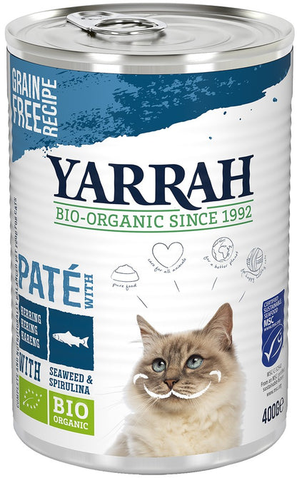 Hrana umeda bio pentru pisici, pate cu peste, alge si spirulina, 400g Yarrah