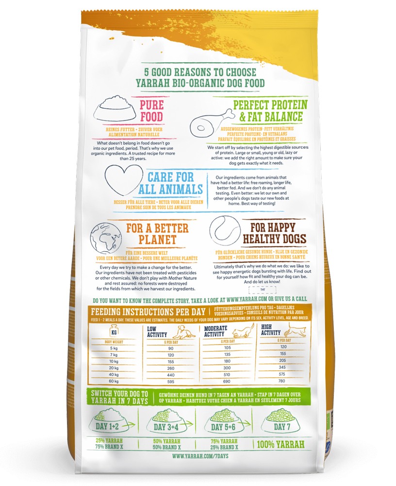 Hrana uscata bio pentru caini adult, cu carne de pui, 25% proteina si 13% grasimi, 2kg Yarrah