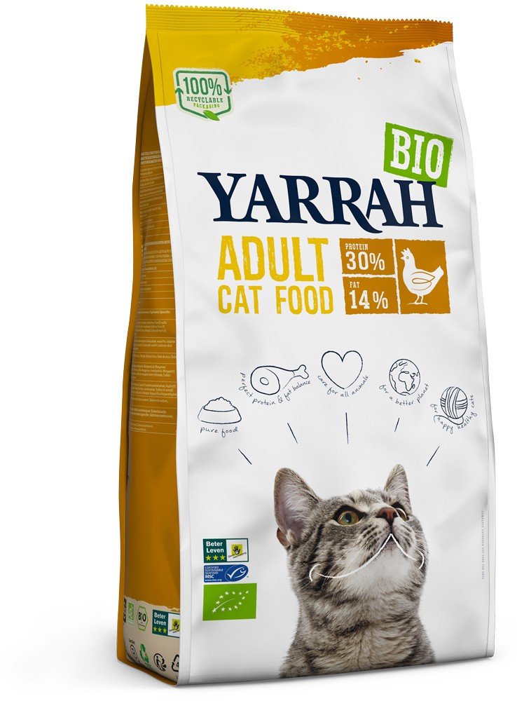 Hrana uscata bio pentru pisici adult, cu carne de pui, 30% proteina si 14% grasimi, 2.4kg Yarrah