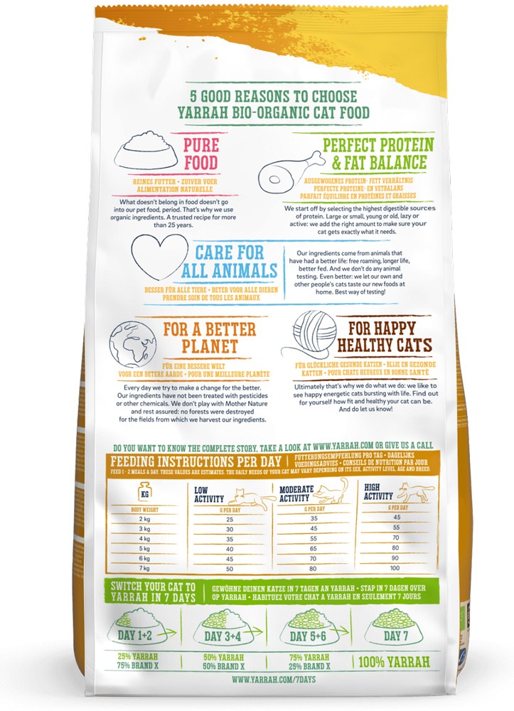 Hrana uscata bio pentru pisici adult, cu carne de pui, 30% proteina si 14% grasimi, 2.4kg Yarrah
