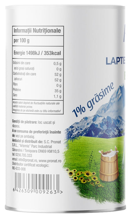 Lapte praf bio degresat, 1% grasime, 800g Pronat