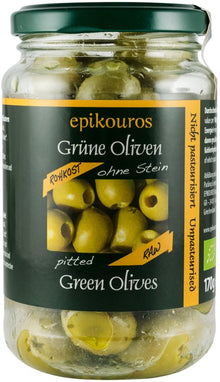 Masline verzi bio, crude, fara samburi, 170g Epikouros