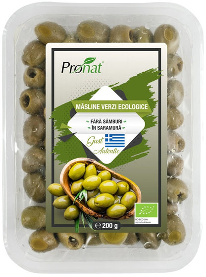 Masline verzi bio, fara samburi, in saramura, 200g Pronat