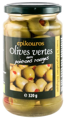 Masline verzi bio umplute cu ardei rosu, in saramura, 320g Epikouros