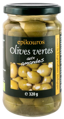 Masline verzi bio umplute cu migdale in saramura, 320g Epikouros