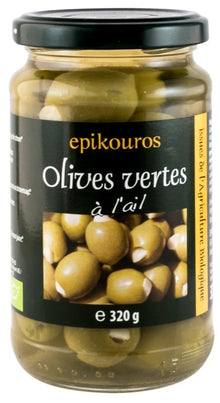 Masline verzi bio umplute cu usturoi in saramura, 320g Epikouros