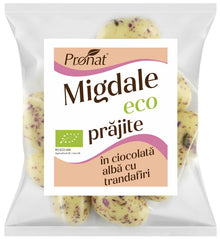 Migdale bio prajite, glazurate in ciocolata alba cu trandafiri, 50g Pronat