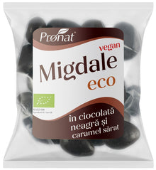 Migdale bio prajite si sarate glazurate in ciocolata neagra si caramel sarat 50g Pronat